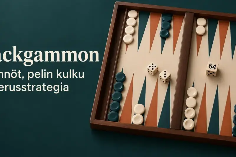 Backgammon-lauta, vaaleat ja tummat pelinappulat, kaksi noppaa ja tuplauskuutio sekä teksti ”Backgammon – Säännöt, pelin kulku ja perusstrategia” tummanvihreällä taustalla.