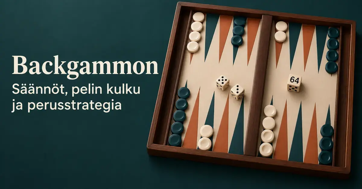 Backgammon-lauta, vaaleat ja tummat pelinappulat, kaksi noppaa ja tuplauskuutio sekä teksti ”Backgammon – Säännöt, pelin kulku ja perusstrategia” tummanvihreällä taustalla.
