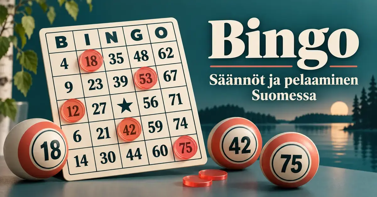 Bingolippu, punaisia pelimerkkejä ja numeroituja bingopalloja suomalaisen järvimaiseman edessä sekä teksti ”Bingo – Säännöt ja pelaaminen Suomessa”.