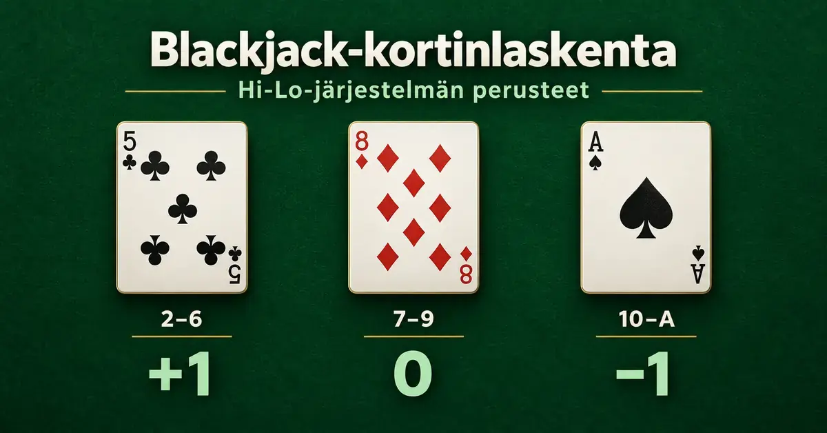 Blackjackin Hi-Lo-kortinlaskentaa havainnollistava kuva, jossa korttien 2–6 laskenta-arvo on +1, korttien 7–9 arvo 0 ja korttien 10–A arvo −1.