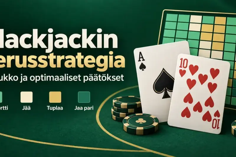 Blackjackin perusstrategiaa havainnollistava kuva, jossa näkyvät pataässä, herttakymppi, pelimerkkejä ja värikoodattu taulukko sekä päätökset ota kortti, jää, tuplaa ja jaa pari.