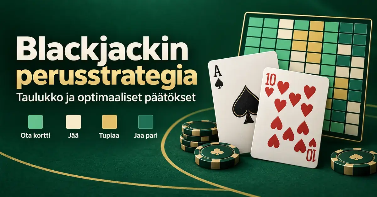 Blackjackin perusstrategiaa havainnollistava kuva, jossa näkyvät pataässä, herttakymppi, pelimerkkejä ja värikoodattu taulukko sekä päätökset ota kortti, jää, tuplaa ja jaa pari.