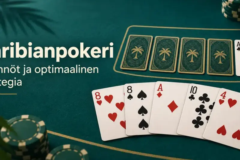 Karibianpokerin pelaajan viisi avointa korttia, jakajan neljä piilokorttia ja avoin ässä sekä pelimerkkejä vihreällä pelipöydällä otsikon ”Karibianpokeri – Säännöt ja optimaalinen strategia” vieressä.