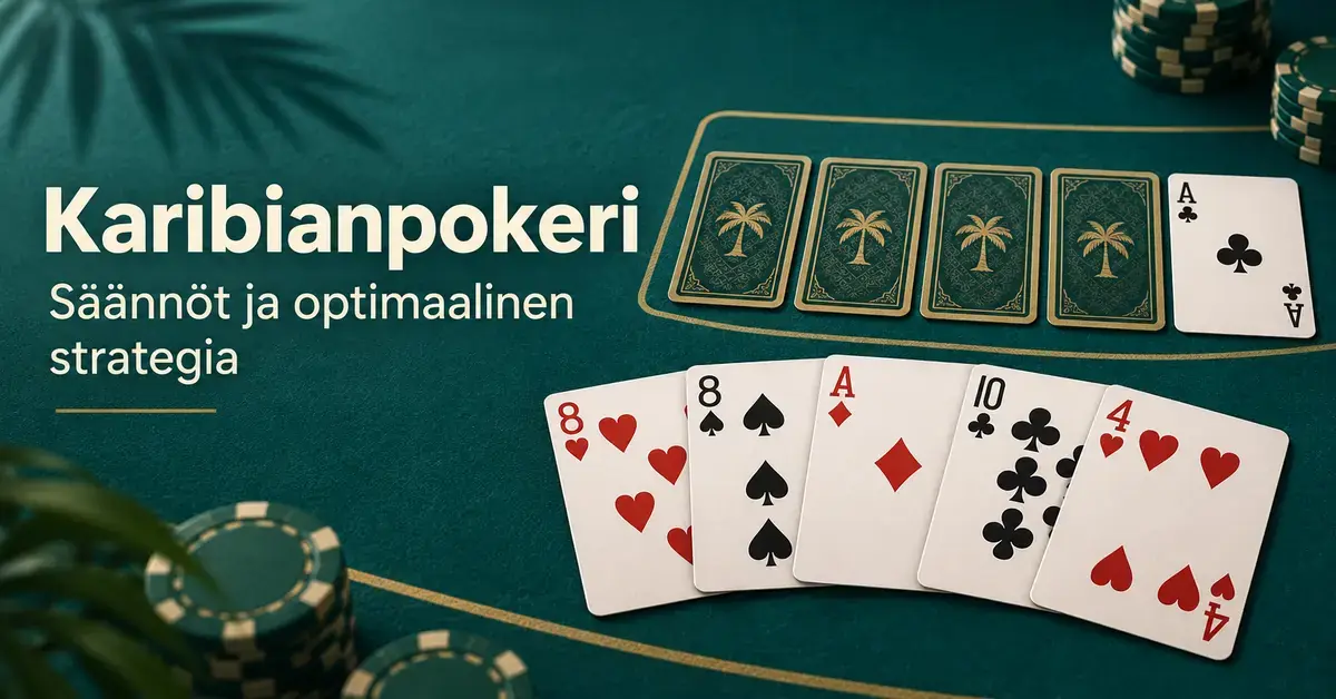 Karibianpokerin pelaajan viisi avointa korttia, jakajan neljä piilokorttia ja avoin ässä sekä pelimerkkejä vihreällä pelipöydällä otsikon ”Karibianpokeri – Säännöt ja optimaalinen strategia” vieressä.