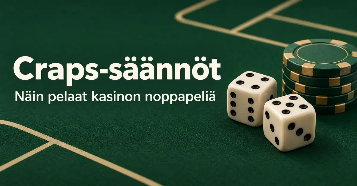 Kaksi noppaa ja pelimerkkejä vihreällä kasinopöydällä sekä teksti ”Craps-säännöt – Näin pelaat kasinon noppapeliä”.