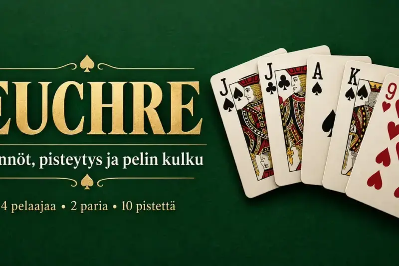 Euchre-pelin viisi pelikorttia vihreällä taustalla sekä tekstit säännöistä, pisteytyksestä, pelin kulusta ja neljän pelaajan paripelistä kymmeneen pisteeseen.