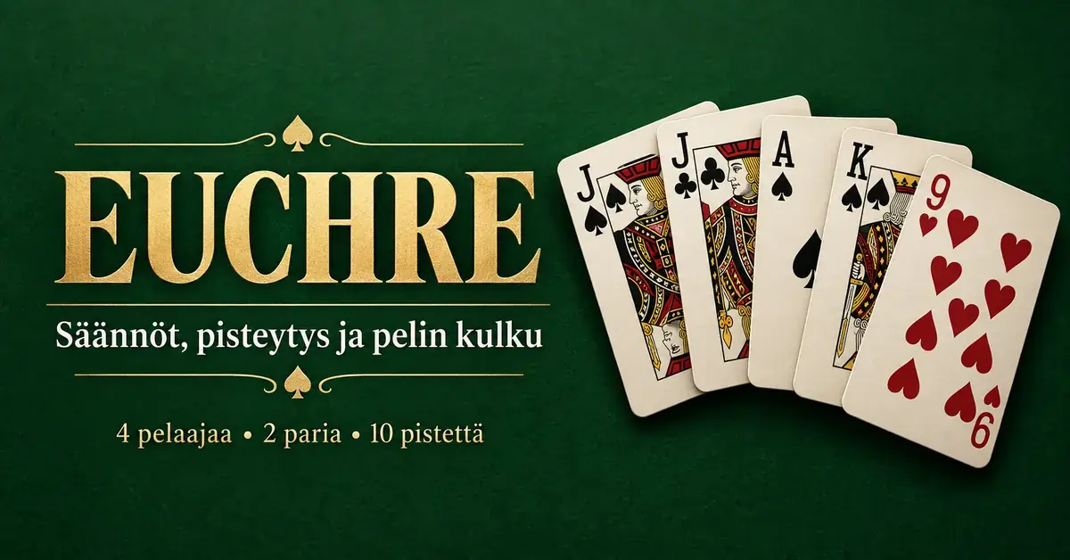 Euchre-pelin viisi pelikorttia vihreällä taustalla sekä tekstit säännöistä, pisteytyksestä, pelin kulusta ja neljän pelaajan paripelistä kymmeneen pisteeseen.
