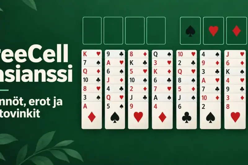 FreeCell-pasianssin pelialue vihreällä taustalla: kahdeksan avointa korttisaraketta, neljä vapaata solua ja neljä perustusta sekä teksti ”FreeCell pasianssi – Säännöt, erot ja voittovinkit”.