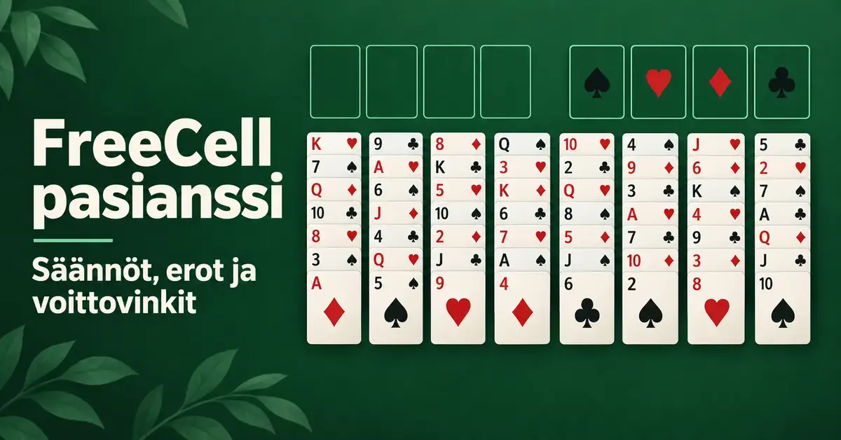 FreeCell-pasianssin pelialue vihreällä taustalla: kahdeksan avointa korttisaraketta, neljä vapaata solua ja neljä perustusta sekä teksti ”FreeCell pasianssi – Säännöt, erot ja voittovinkit”.