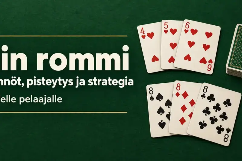 Gin rommin artikkelikuva, jossa vihreällä taustalla näkyvät herttasuora, kolmen kahdeksikon sarja ja korttipakka sekä teksti ”Gin rommi – Säännöt, pisteytys ja strategia – Kahdelle pelaajalle”.