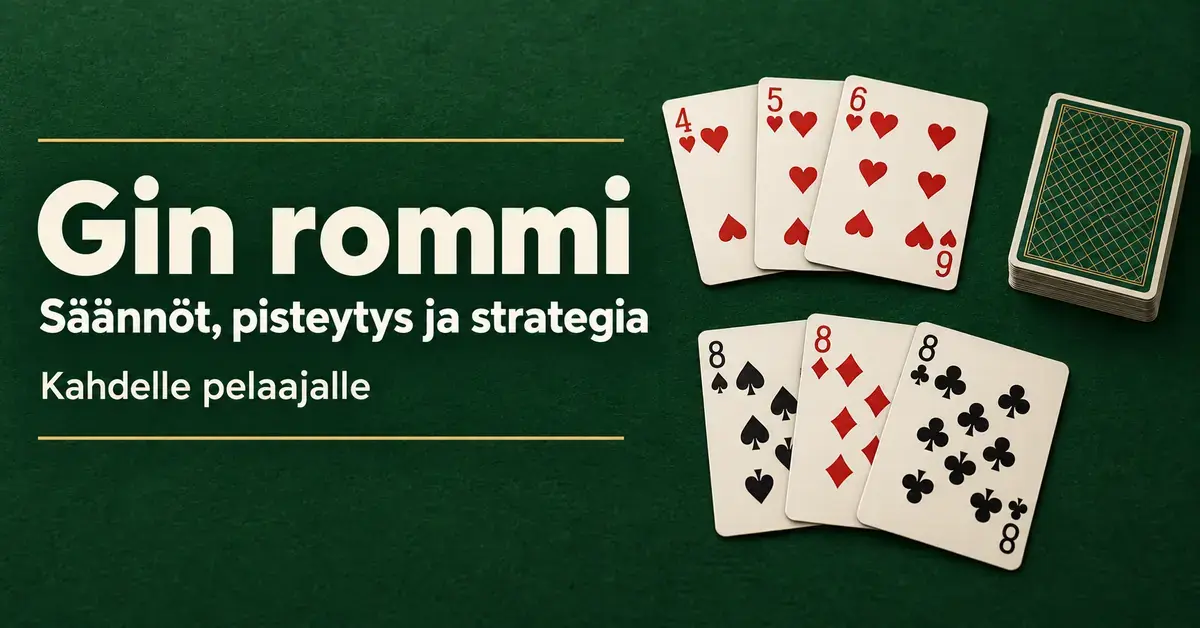 Gin rommin artikkelikuva, jossa vihreällä taustalla näkyvät herttasuora, kolmen kahdeksikon sarja ja korttipakka sekä teksti ”Gin rommi – Säännöt, pisteytys ja strategia – Kahdelle pelaajalle”.