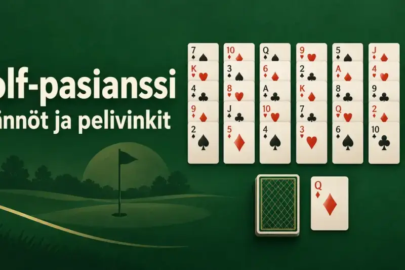 Golf-pasianssin seitsemän korttisaraketta, varastopakka ja poistopakka vihreällä taustalla sekä teksti ”Golf-pasianssi – Säännöt ja pelivinkit”.