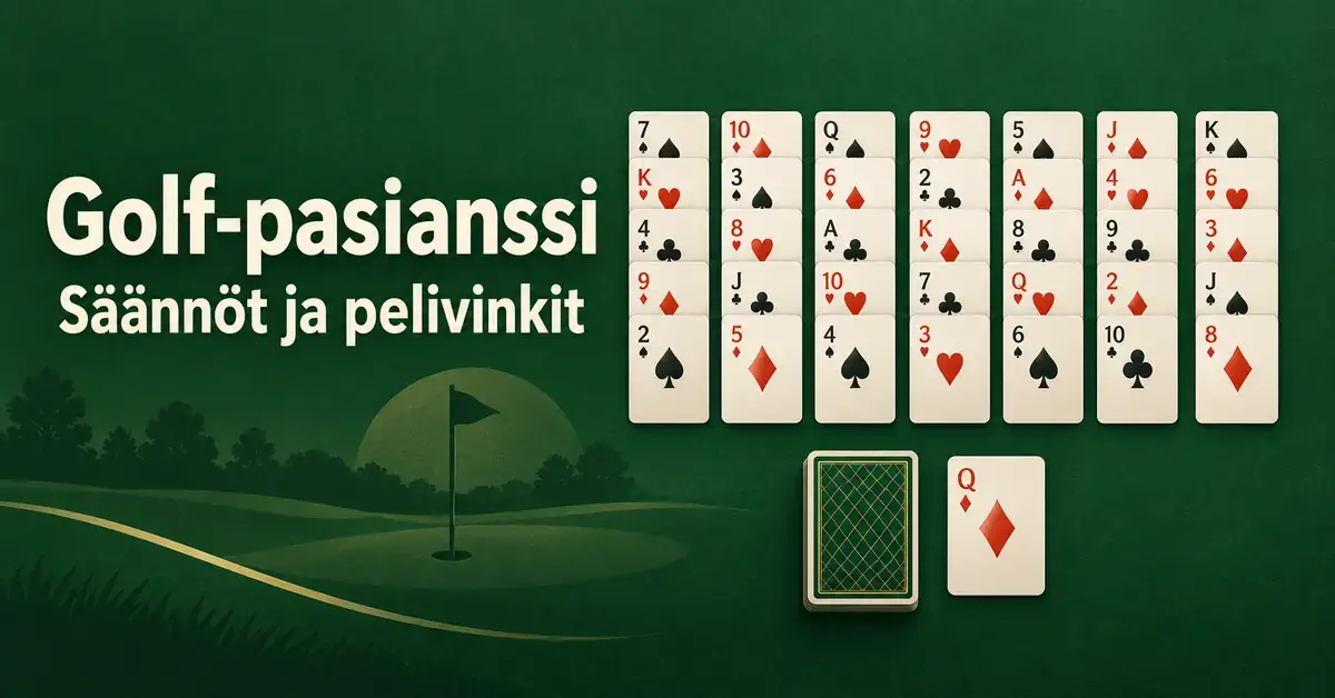 Golf-pasianssin seitsemän korttisaraketta, varastopakka ja poistopakka vihreällä taustalla sekä teksti ”Golf-pasianssi – Säännöt ja pelivinkit”.