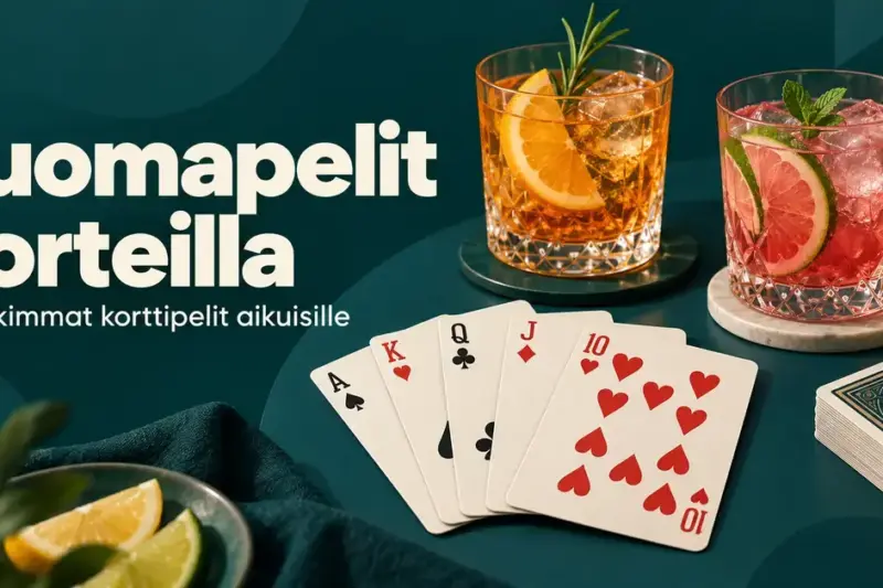 Pelikortteja ja kaksi sitruksilla koristeltua juomalasia tummanvihreällä taustalla sekä teksti ”Juomapelit korteilla” ja 18 vuoden ikärajaa osoittava merkintä.