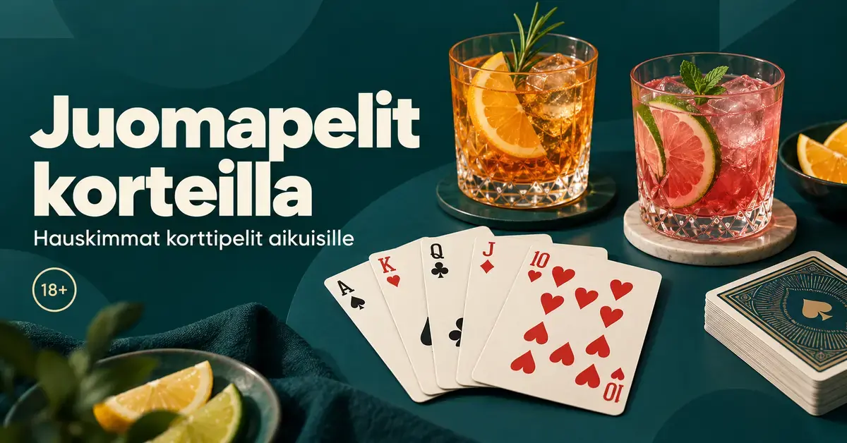 Pelikortteja ja kaksi sitruksilla koristeltua juomalasia tummanvihreällä taustalla sekä teksti ”Juomapelit korteilla” ja 18 vuoden ikärajaa osoittava merkintä.