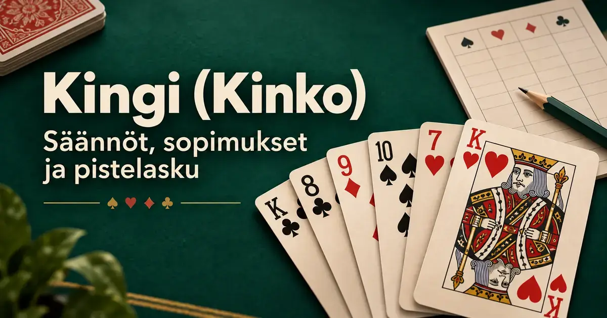 Kingi- eli Kinko-korttipelin kuvituksessa pelikortit, pistelomake ja kynä ovat vihreällä pelipöydällä otsikon ”Kingi (Kinko) – Säännöt, sopimukset ja pistelasku” vieressä.