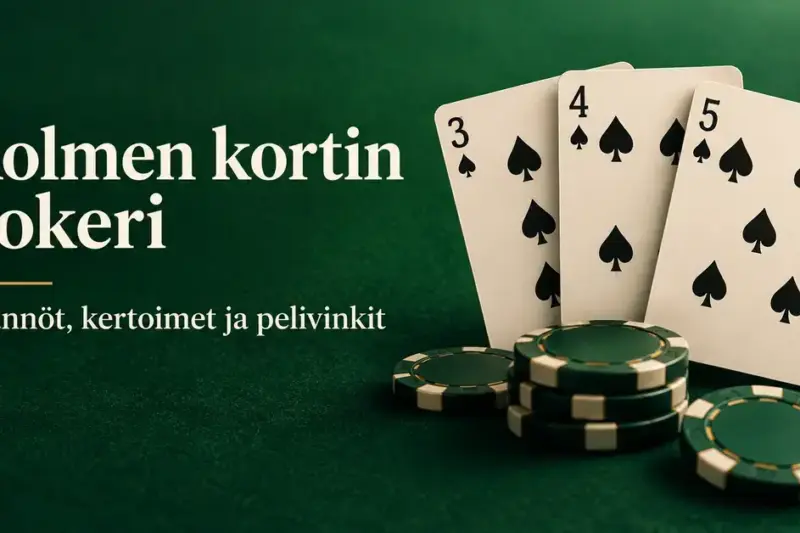 Kolme patakorttia ja pelimerkkejä vihreällä pelipöydällä sekä teksti ”Kolmen kortin pokeri – Säännöt, kertoimet ja pelivinkit”.