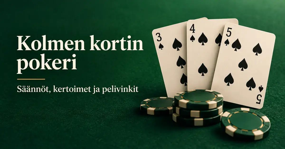 Kolme patakorttia ja pelimerkkejä vihreällä pelipöydällä sekä teksti ”Kolmen kortin pokeri – Säännöt, kertoimet ja pelivinkit”.
