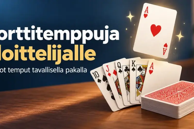 Korttipakka, viuhkaksi levitettyjä pelikortteja ja ilmassa leijuva herttaässä kuvittavat aloittelijan helppoja korttitemppuja.
