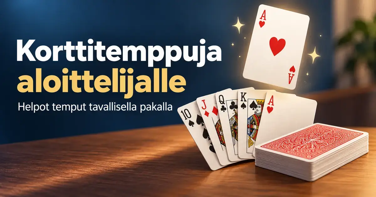 Korttipakka, viuhkaksi levitettyjä pelikortteja ja ilmassa leijuva herttaässä kuvittavat aloittelijan helppoja korttitemppuja.