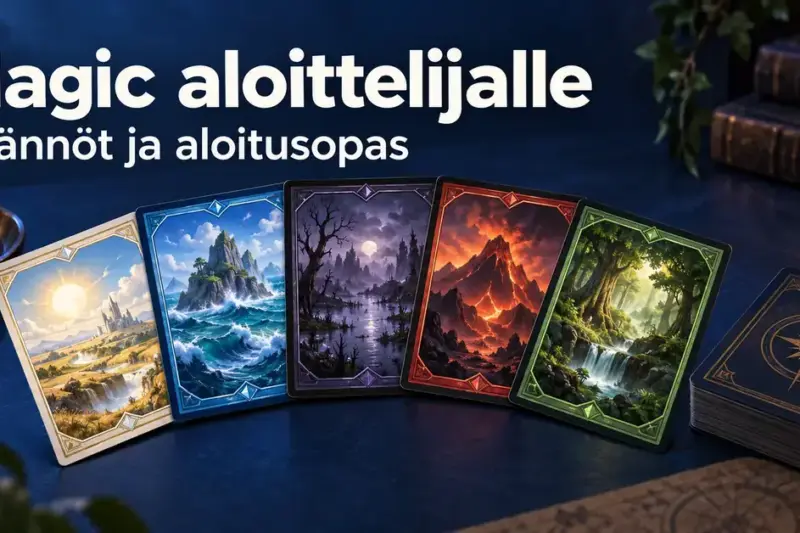 Viisi eriväristä fantasiakorttia ja korttipakka tummansinisellä pöydällä sekä teksti ”Magic aloittelijalle – Säännöt ja aloitusopas”.