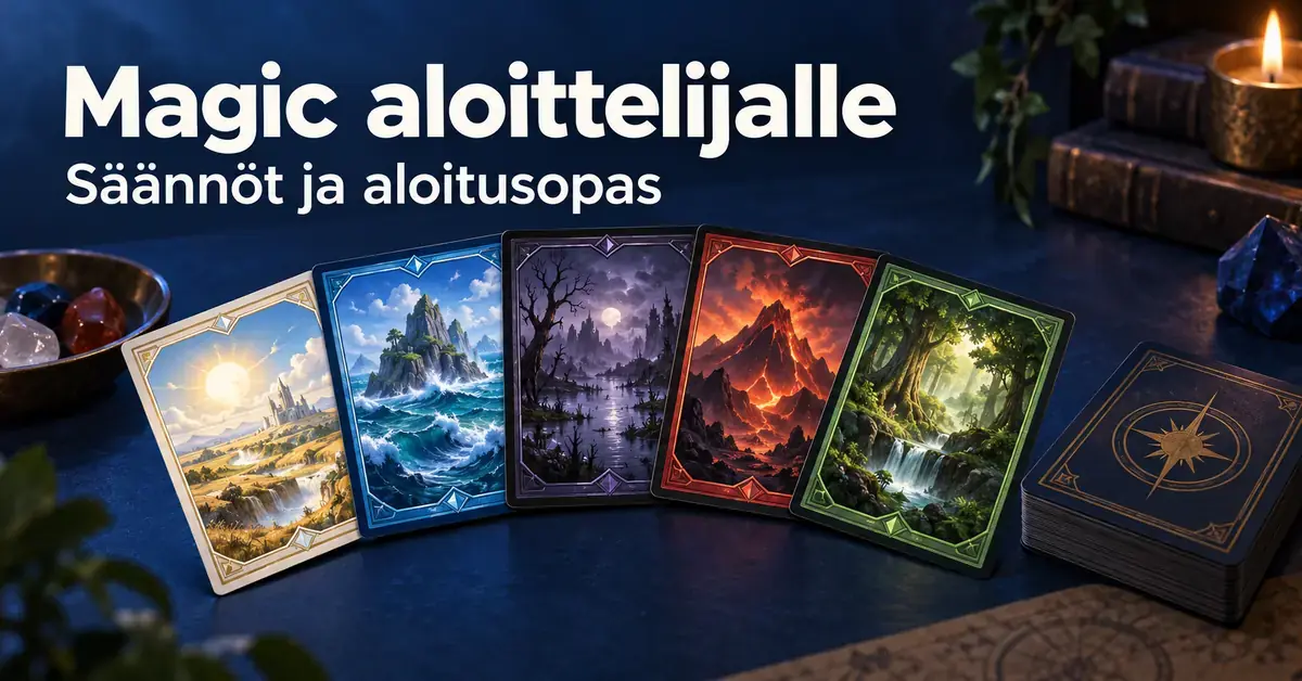 Viisi eriväristä fantasiakorttia ja korttipakka tummansinisellä pöydällä sekä teksti ”Magic aloittelijalle – Säännöt ja aloitusopas”.