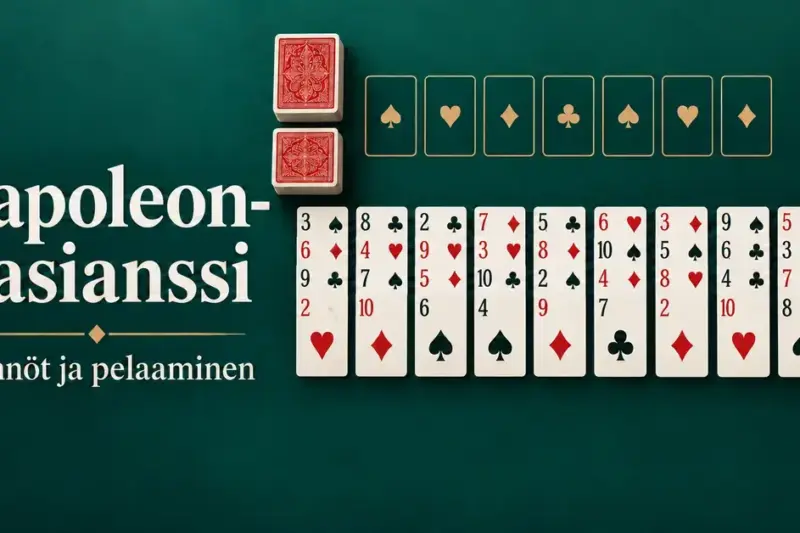 Napoleon-pasianssin korttiasetelma, kaksi korttipakkaa ja kahdeksan perustapaikkaa tummanvihreällä taustalla sekä teksti ”Napoleon-pasianssi – Säännöt ja pelaaminen”.