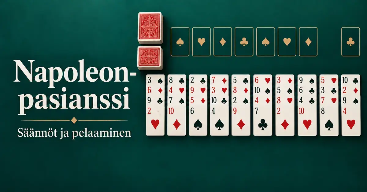 Napoleon-pasianssin korttiasetelma, kaksi korttipakkaa ja kahdeksan perustapaikkaa tummanvihreällä taustalla sekä teksti ”Napoleon-pasianssi – Säännöt ja pelaaminen”.