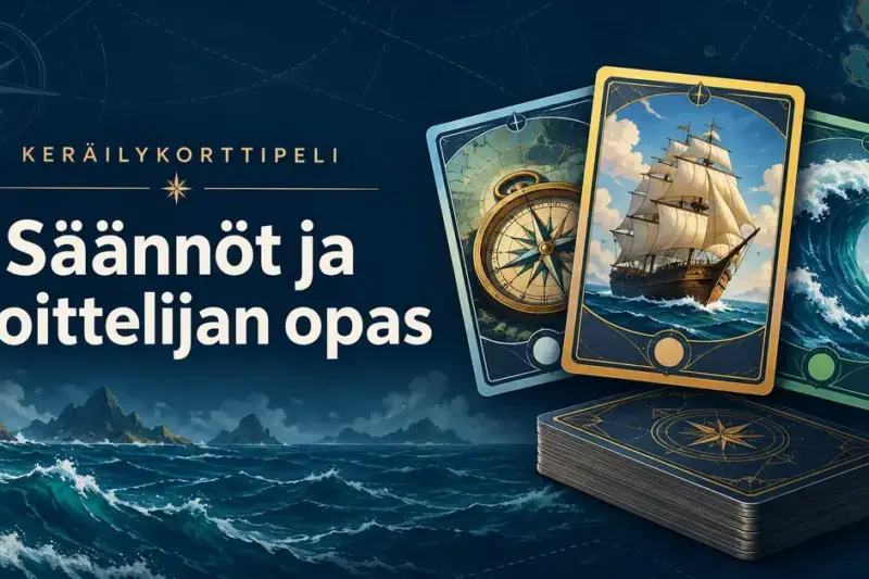Merihenkiset keräilykortit, joissa on purjelaiva, kompassi ja aalto, sekä teksti ”Säännöt ja aloittelijan opas” tummansinisellä taustalla.