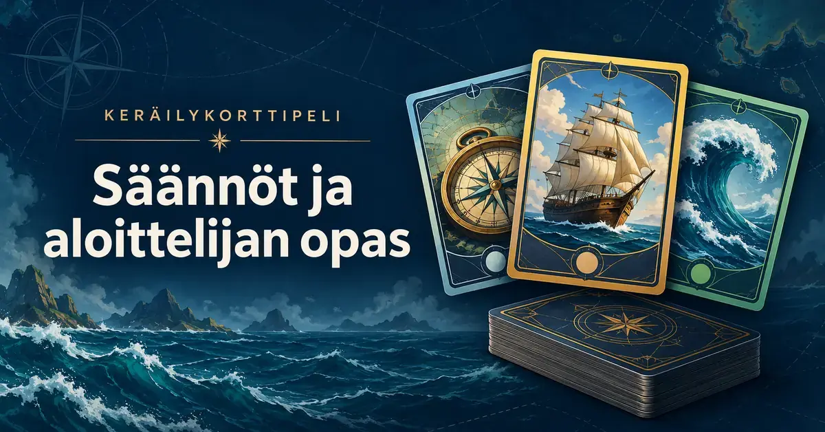 Merihenkiset keräilykortit, joissa on purjelaiva, kompassi ja aalto, sekä teksti ”Säännöt ja aloittelijan opas” tummansinisellä taustalla.