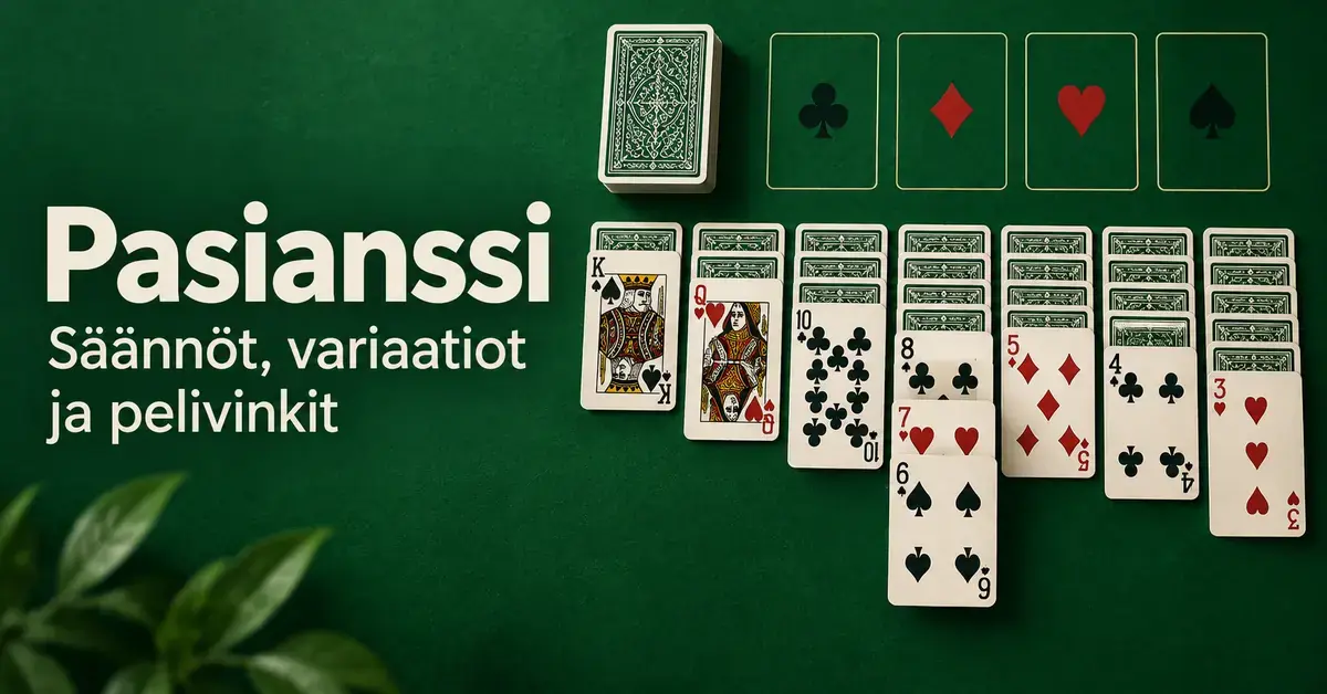 Pasianssin korttirivit ja korttipakka vihreällä pelipöydällä sekä teksti ”Pasianssi – Säännöt, variaatiot ja pelivinkit”.