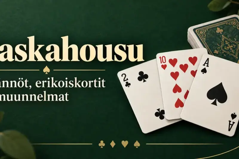 Paskahousun sääntöjä, erikoiskortteja ja muunnelmia esittelevä kuva, jossa ristikakkonen, herttakymppi, pataässä ja korttipakka ovat tummanvihreällä taustalla.