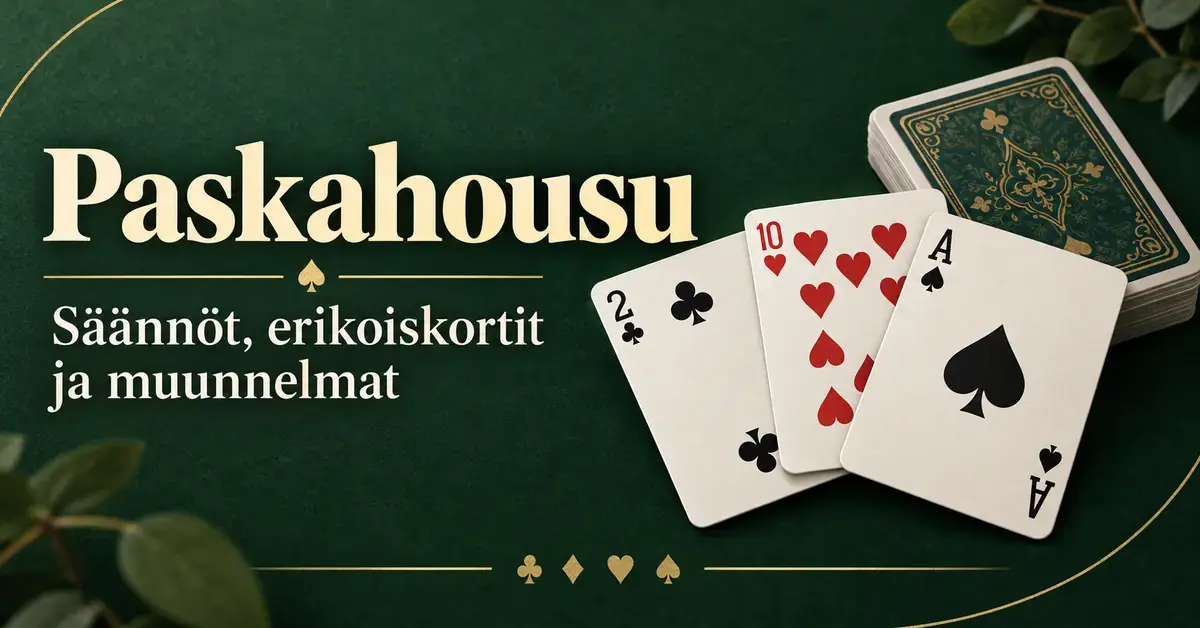 Paskahousun sääntöjä, erikoiskortteja ja muunnelmia esittelevä kuva, jossa ristikakkonen, herttakymppi, pataässä ja korttipakka ovat tummanvihreällä taustalla.