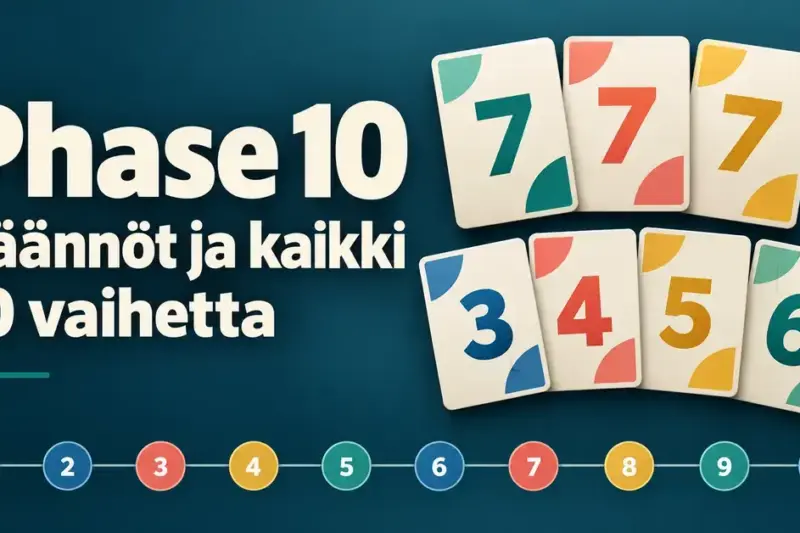 Phase 10 -pelin sääntöoppaan kuvituksessa on kolme seiskakorttia, numeroiden 3–6 suora ja kymmentä vaihetta kuvaava numeroitu etenemisjana.