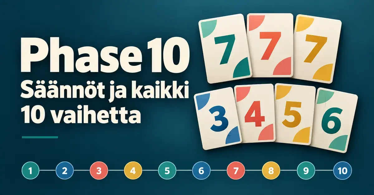 Phase 10 -pelin sääntöoppaan kuvituksessa on kolme seiskakorttia, numeroiden 3–6 suora ja kymmentä vaihetta kuvaava numeroitu etenemisjana.