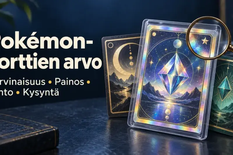 Kuvitteellisia keräilykortteja ja harvinaisuustähteä tarkentava suurennuslasi sekä teksti Pokémon-korttien arvo ja arvonmäärityksen tekijät harvinaisuus, painos, kunto ja kysyntä.