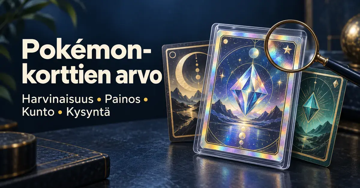 Kuvitteellisia keräilykortteja ja harvinaisuustähteä tarkentava suurennuslasi sekä teksti Pokémon-korttien arvo ja arvonmäärityksen tekijät harvinaisuus, painos, kunto ja kysyntä.