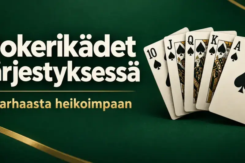 Patakuningasvärisuora vihreällä taustalla ja teksti ”Pokerikädet järjestyksessä – Parhaasta heikoimpaan”.