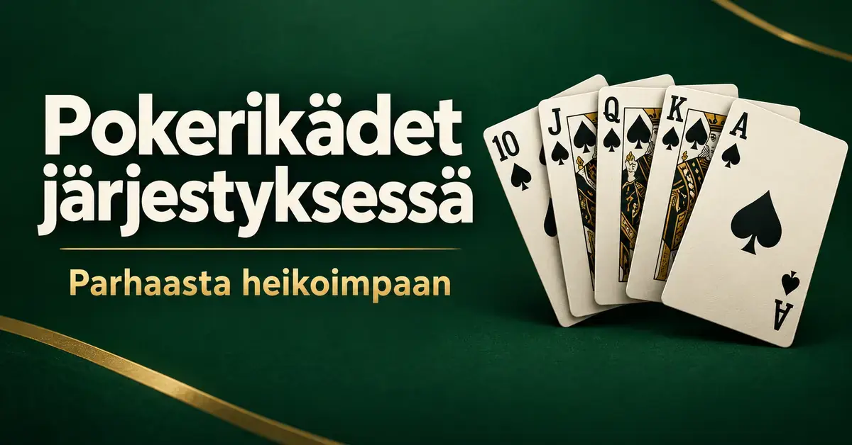 Patakuningasvärisuora vihreällä taustalla ja teksti ”Pokerikädet järjestyksessä – Parhaasta heikoimpaan”.