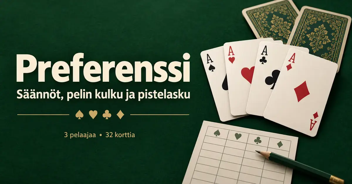 Preferenssin artikkelikuva, jossa on neljä ässää, kaksi kuvapuoli alaspäin olevaa korttia sekä pistelaskulomake ja kynä vihreällä pelipöydällä.