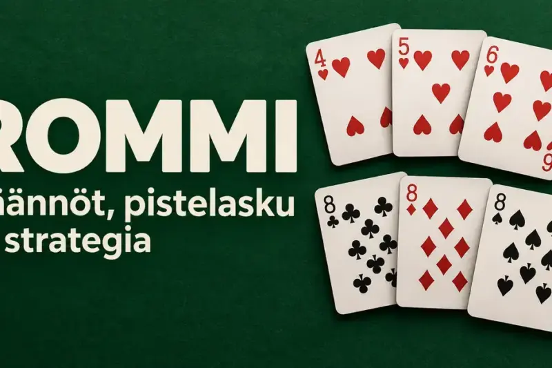 Rommin korttiyhdistelmät, herttasuora ja kolmen kahdeksikon setti, vihreällä taustalla sekä teksti ”Rommi – Säännöt, pistelasku ja strategia”.