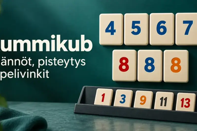 Rummikubin numerolaattoja sinisenä numerosarjana ja eriväristen kahdeksikkojen ryhmänä sekä laattateline vihreällä taustalla tekstin ”Rummikub – Säännöt, pisteytys ja pelivinkit” vieressä.