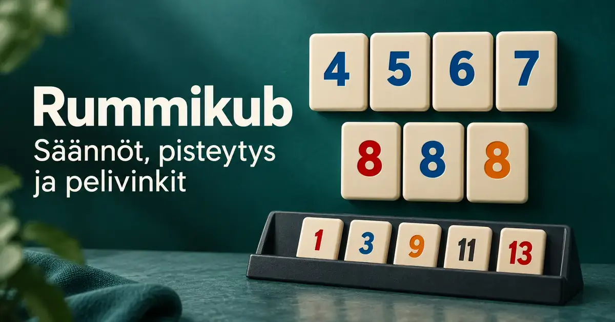 Rummikubin numerolaattoja sinisenä numerosarjana ja eriväristen kahdeksikkojen ryhmänä sekä laattateline vihreällä taustalla tekstin ”Rummikub – Säännöt, pisteytys ja pelivinkit” vieressä.