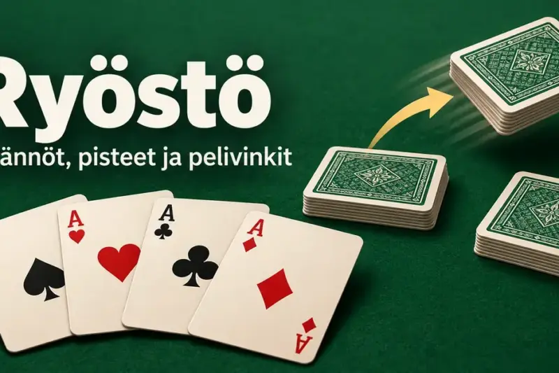 Ryöstö-korttipelin kuvituksessa neljä ässää ja korttipinot ovat vihreällä pöydällä, ja nuoli havainnollistaa pinon ryöstämistä.