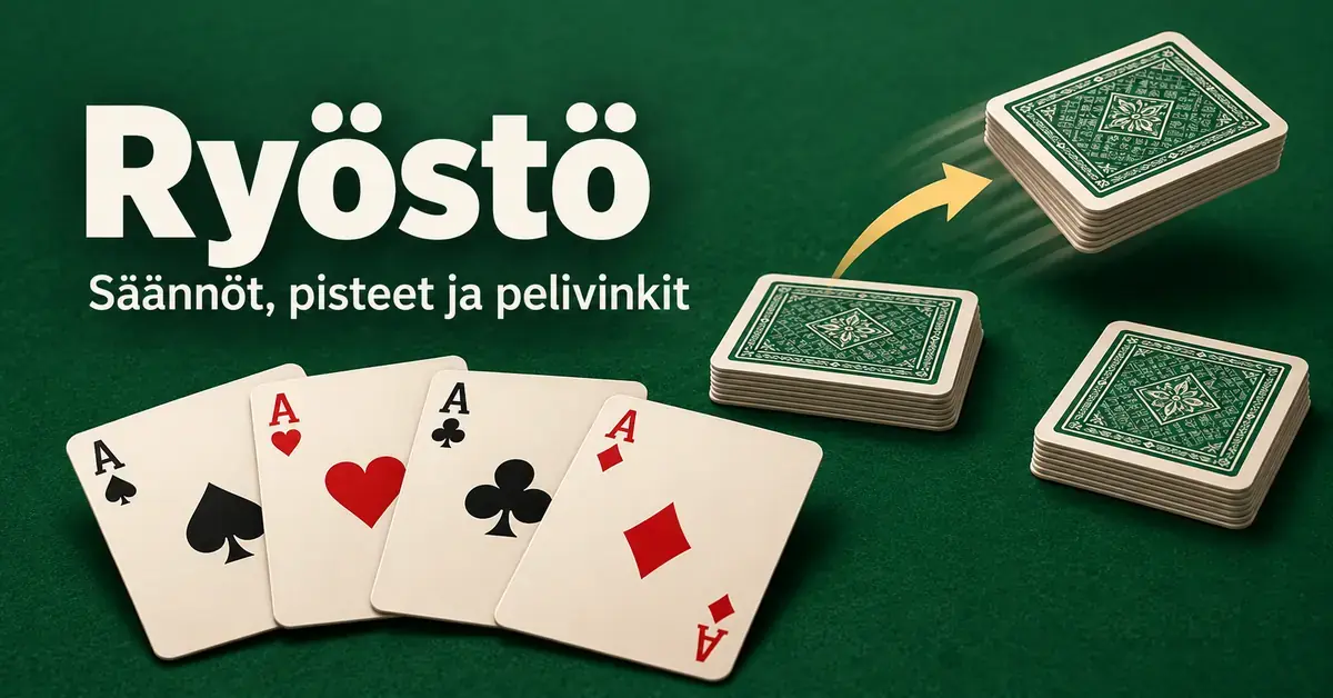 Ryöstö-korttipelin kuvituksessa neljä ässää ja korttipinot ovat vihreällä pöydällä, ja nuoli havainnollistaa pinon ryöstämistä.