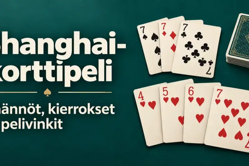 Shanghai-korttipelin kuvituksessa on kolme seiskaa, herttasuora ja korttipakka tummanvihreällä taustalla sekä teksti ”Shanghai-korttipeli – Säännöt, kierrokset ja pelivinkit”.