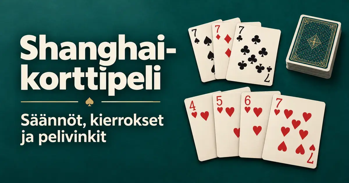 Shanghai-korttipelin kuvituksessa on kolme seiskaa, herttasuora ja korttipakka tummanvihreällä taustalla sekä teksti ”Shanghai-korttipeli – Säännöt, kierrokset ja pelivinkit”.