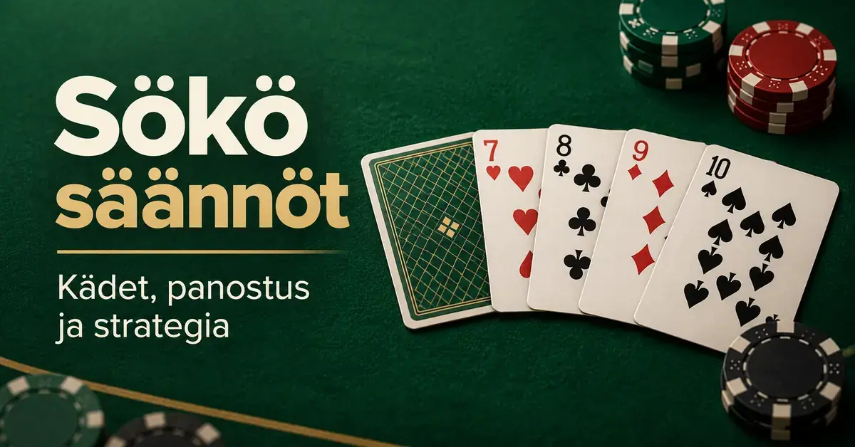 Sökö säännöt -otsikko sekä neljä avointa pelikorttia, yksi kuvapuoli alaspäin oleva kortti ja pelimerkkejä vihreällä pelipöydällä.