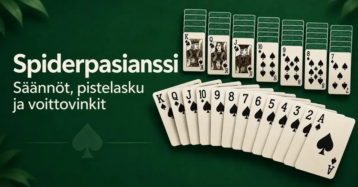 Spiderpasianssin patakortteja vihreällä pelipöydällä sekä teksti ”Spiderpasianssi – Säännöt, pistelasku ja voittovinkit”.