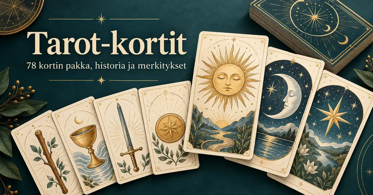 Tyylitellyt tarot-kortit ja korttipakka tummanvihreällä taustalla sekä teksti ”Tarot-kortit – 78 kortin pakka, historia ja merkitykset”.